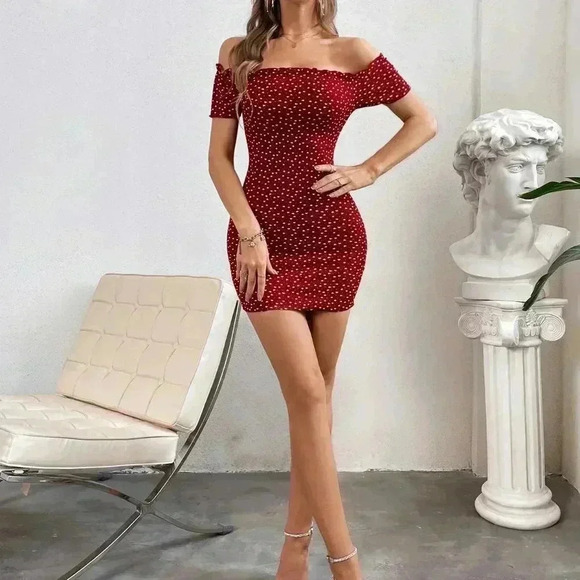 Burgundy Boho Women Heart Print Off Shoulder Frill Trim Knitted Bodycon Dress - Picture 1 of 5